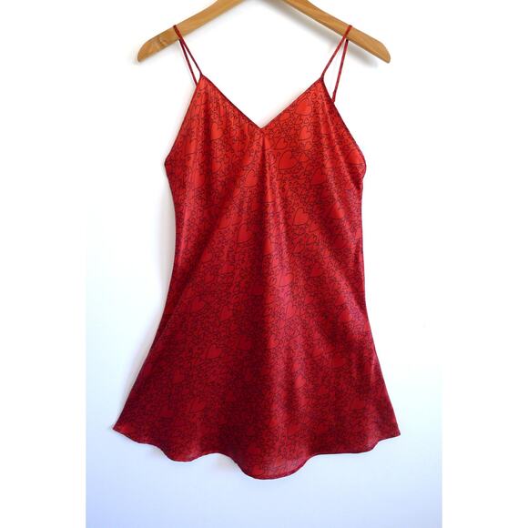 VINTAGE MARY GREEN Lingerie Heart Print Red Silk Slip Sleep Dress Chemise M $225 - Picture 1 of 8